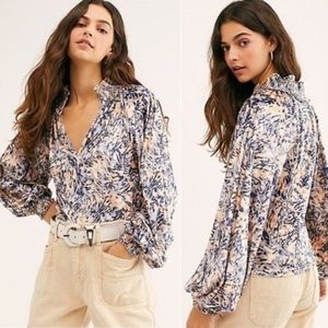 Free People Go Get Em Velvet Blouse- Ivory Combo- Medium